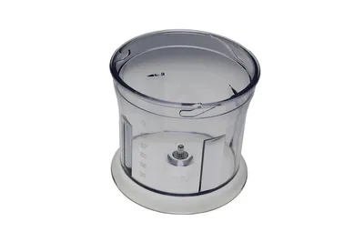 A clear, well-lit studio shot of a food processor bowl.