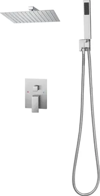Immagine prodotto di SucceBuy miscelatore doccia a pioggia per il bagno con soffione a pioggia quadrato da 254 mm e doccetta, set doccia a parete con valvola in ottone resistente e set decorativo, finitura nichel spazzolato