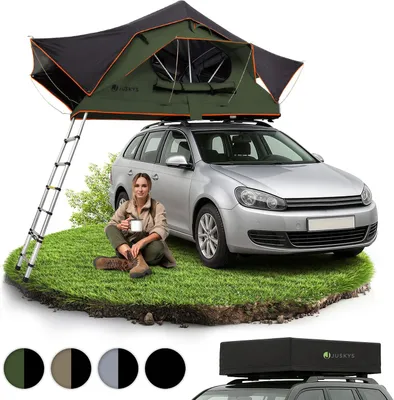 Produktbild von Juskys Autodachzelt Lago 120 x 210 cm - Wetterbeständig mit Leiter - Schwarz / Olivgrün