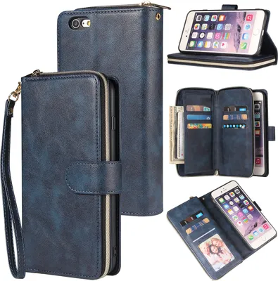 Produktbild von Für Iphone 6/6 Plus/6 Plus/6 Plus/7 Plus/8 Plus Kunstleder Handyhülle Reißverschluss Tasche + Handschlaufe blau