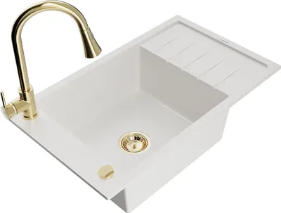 Produktbild von Mexen Elias 1 Becken-Granitspüle mit Abtropffläche und Mischbatterie Elia, Weiß - 6511-20-670101-50
