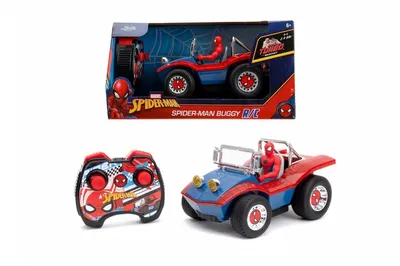 A Spider-Man R/C buggy, its remote control, and its packaging are displayed against a white background.