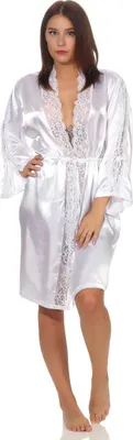 Produktbild von Damen Morgenmantel kurzer Kimono in Satin-Optik Spitze; Weiß L