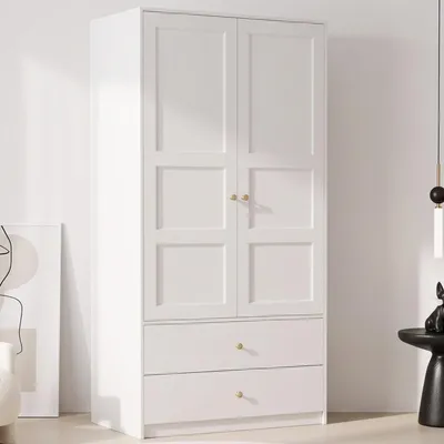 Produktbild von okwish Doppeltüriger Kinderschrank mit Kleiderstange und 2 Schubladen, Multifunktionaler Aufbewahrungsschrank Viel Stauraum,Weiß+Natur