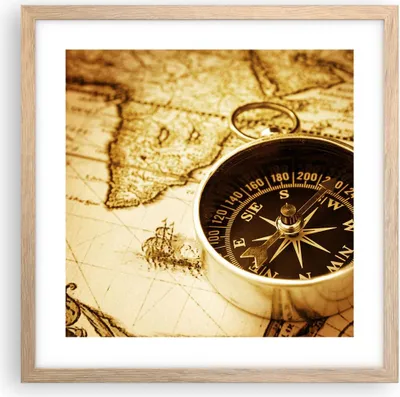 Produktbild von Gerahmtes Poster - Rahmen in heller Eiche - Kompass alt reisen Reise - 40x40 cm - Wand Bild - Wanddeko - Wandbilder - Wandposter - Bilderrahmen - Bilder - Kunstdruck - Wandbild - P2NAC40x40-2103