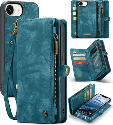 Produktbild von Schutzhülle für iPhone 16e/iPhone 17e, Vintage Multifunktions Lederhülle, Kartenfächer, Reißverschluss Hülle Blau