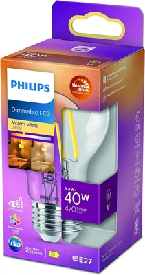 Obrázek produktu pro Philips Čirá žárovka s tradičním vzhledem 40 W, A60 E27, 3,4 W, 40 W, E27, 470 lm, 25000 h, Teplá záře
