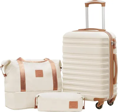 Productafbeelding van COOLIFE ABS Harde Schalen Koffer Set, Wit/Bruin, 3-delig. Inclusief TSA-slot, 4 wielen, geschikt als handbagage, met reistas/toiletartikelen tas