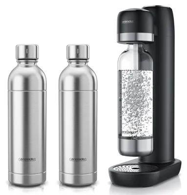 Productafbeelding van Arendo bruiswaterapparaat set met 2 roestvrijstalen flessen (1 liter) en een PET-fles, met fijn instelbare bruissterkte, geschikt voor een 60-liter CO2-cilinder, werkt zonder elektriciteit, bruiswatermachine, 4-delig, zwart
