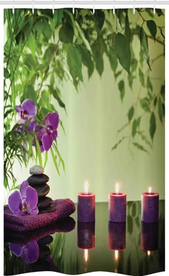 Produktbild von ABAKUHAUS Zen Schmaler Duschvorhang, Spa Kerzen Orchideen Bloom, Badezimmer Deko Set aus Stoff mit Haken, 120 x 180 cm, Hellgrün Farngrün