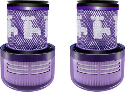 Two identical purple vacuum cleaner filters are displayed side-by-side against a white background.