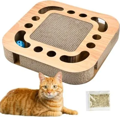 Produktbild von Katzenminze Kratzbrett mit Glockenbällen - 3 in 1 Kratzunterlage Bett Spielzeug für Indoor Katzen
