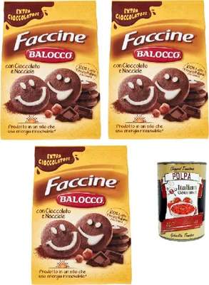 Produktbild von Balocco faccine kekse mit Schokolade & Haselnüss, Ohne Palmöl, ohne Konservierungsstoffe, 3x 700g biscuits cookies + Italian Gourmet polpa 400g