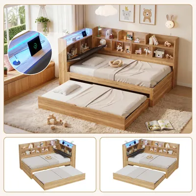 Image de Lit de jour pour enfant en L avec rangement, éclairage LED, ports USB, lit gigogne 90 x 190 cm et étagères, en bois, lit simple 90 x 200 cm, finition naturelle