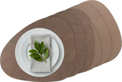 Produktbild von Platzset 6er Set, 2in1 Wende-Tischunterlage Kunstleder oval, Platzdeckchen 40x31cm Nierenform (taupe)