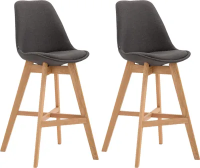 Produktbild von CLP 2er Set Barhocker Cannes Stoff mit Rückenlehnen und Fußstütze | Farbe dunkelgrau Gestell Farbe natur