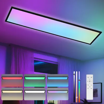 Image de Plafonnier LED ZMH, panneau dimmable, RGB, télécommande, 39 W, grand modèle rectangulaire, pour salle de jeux ou salon, 120 x 30 cm
