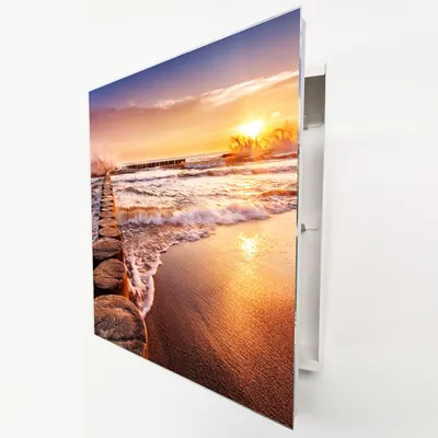 Produktbild von Schlüsselkasten Weiß Metall, Meerwellen Strand Motiv hinter Glas, Moderne Schlüsselbox rechtsöffnend, 32x28x6,5 cm, 20 Haken für Ordnung im Flur.