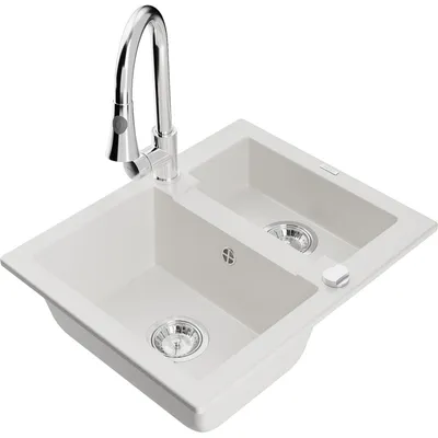 Obrázek produktu pro Mexen Carlos 1,5-miskový granitový dřez s kuchyňskou baterií Elia, Bílá - 6518-20-670101-00