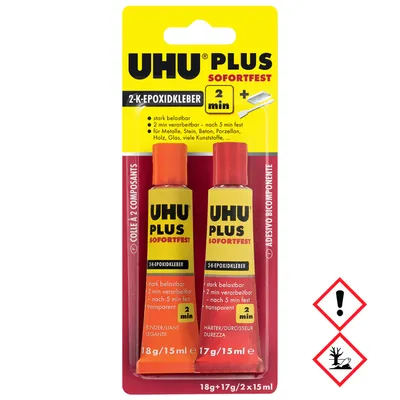 A retail package containing two tubes of UHU PLUS SOFORTFEST 2-component epoxy adhesive.