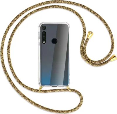 Produktbild von Handykette Backcover-Schutzhülle mit Band (Metall goldfarben) für Motorola One Macro - braun+beige