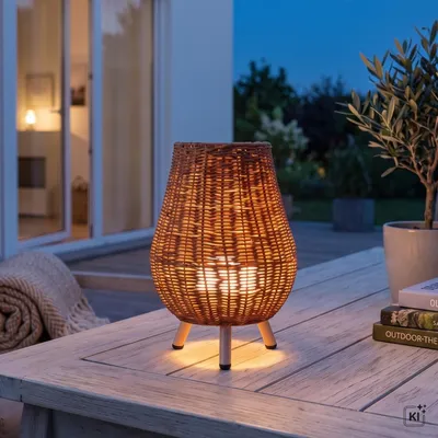 Produktbild von Tragbare Tischlampe außen Rattan LED Akku IP54 H: 32,5 cm Fernbedienung Dimmer kabellose Außenleuchte Tischlampe Balkon Terrasse, KI-generiertes Bild