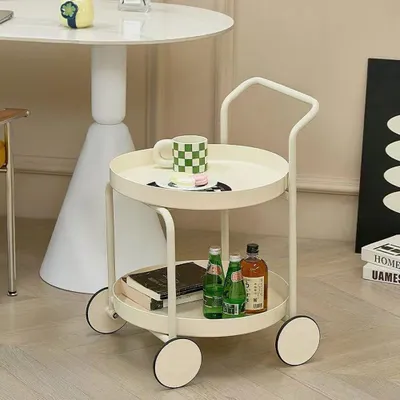 Produktbild von Ablageregal Rollregal 2 Ebenen, Servierwagen, Standregal & Aufbewahrungsregal, Mobiler Beistelltisch für Wohnzimmer Cremeweiß L46*H66.5cm【YDBJ3524-MI】