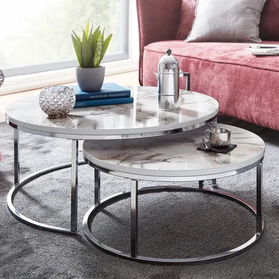 Produktbild von Couchtisch FineBuy Sofatisch 2er Set Weiß Marmor Optik Satztisch Tisch Rund