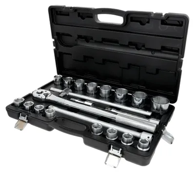 Productafbeelding van Set van 21 doppen van 3/4 inch, van 19 tot 50 mm, inclusief 3 verlengstukken, een ratel en een koffer