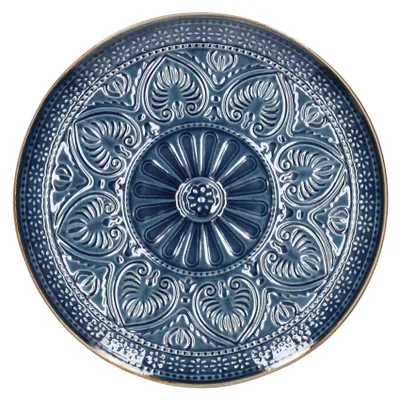 A single blue plate with an embossed pattern.