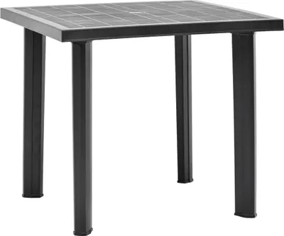 A black square garden table with four legs, shown from a slightly elevated front-side angle against a white background.
