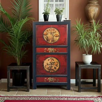 Produktbild von OPIUM OUTLET chinesischer Vintage Schrank Hochzeitsschrank rot-schwarz, Kommode Landhaus-Stil Möbel asiatisch orientalisch chinesisch für Schlafzimmer Wohnzimmer Esszimmer