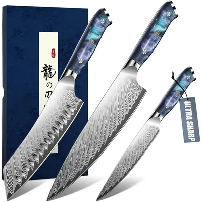 Immagine prodotto di Set di coltelli da cucina, 3 pezzi: coltello da chef in acciaio Damasco, coltello Santoku, coltello multiuso. Acciaio giapponese, durezza 58 HRC