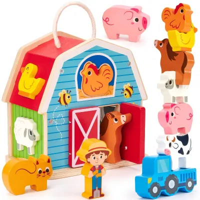 Produktbild von Bauernhof-Holzspielzeug ab 1 Jahr, 4-in-1 Montessori-Spielzeug mit Tierzuordnungsspiel