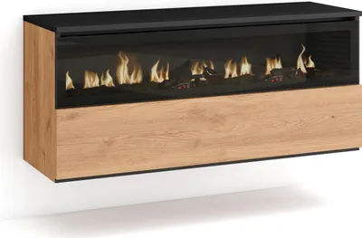 A modern electric fireplace with a wood-grain base and black top, featuring visible flames behind glass.