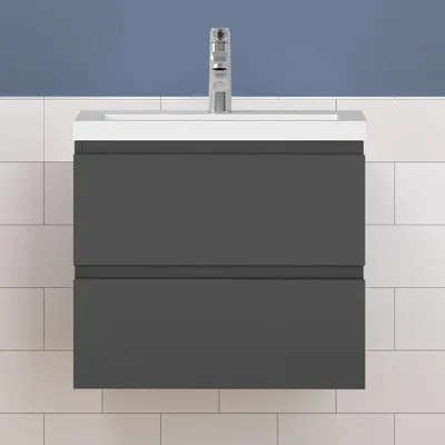Produktbild von Waschtisch mit Unterschrank 60cm Alast Badmöbel Set Dunklegrau Rechteckiges Waschbecken mit Unterschrank MDF Softclose