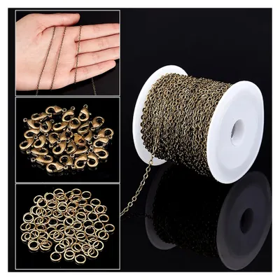 Produktbild von 10 m Antike Bronzekette aus Messing, 2.6x2x0.3 mm Glieder, inklusive 30 Biegeringe und 10 Karabinerverschlüsse