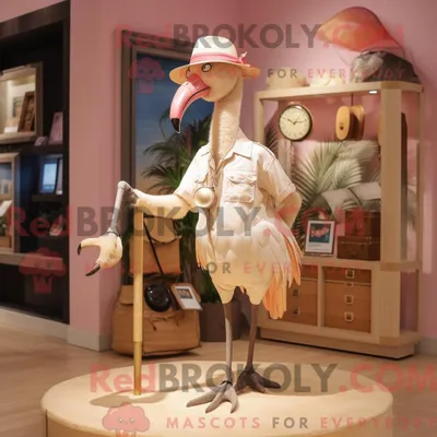 Produktbild von Beige REDBROKOLY Flamingo Maskottchen Kostüm Figur bekleidet mit Shorts und Ohrringen