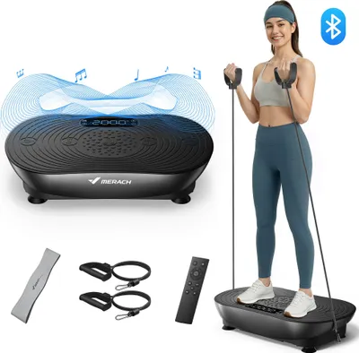 Image de Plateforme Vibrante MERACH, 99 Niveaux, Bluetooth, Télécommande, Écran LED, Faible Bruit, Corps Entier, Modes Manuel/Automatique, Noir, 158KG MAX