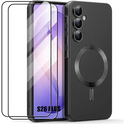 Image de Coque + 2 Verres Trempés pour Samsung Galaxy S26 Plus, Silicone Slim Anti-Rayures avec Anneau Magnétique Noir