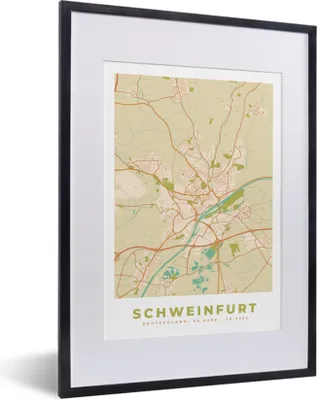 Produktbild von MuchoWow® Gerahmtes Poster Schweinfurt - Karte - Vintage - Stadtplan 30x40 cm - Poster mit Schwarzem Bilderrahmen Wandposter Rahmen Foto Bilder - Wandposter Schlafzimmer