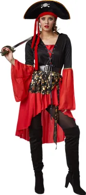 A woman dressed as a pirate queen, posing with a sword.
