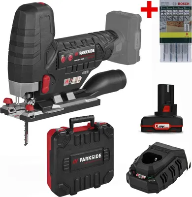 A collection of power tools and accessories laid out on a white background.