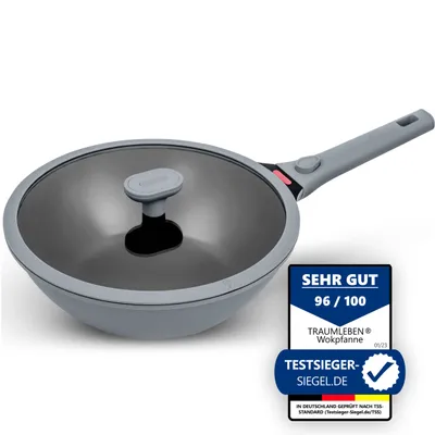 Produktbild von TRAUMLEBEN Wokpfanne 28 cm mit Deckel, abnehmbarer Griff & Hitzeindikator | PFOA-frei & für Induktion geeignet | Beschichtete Pfanne (grau)