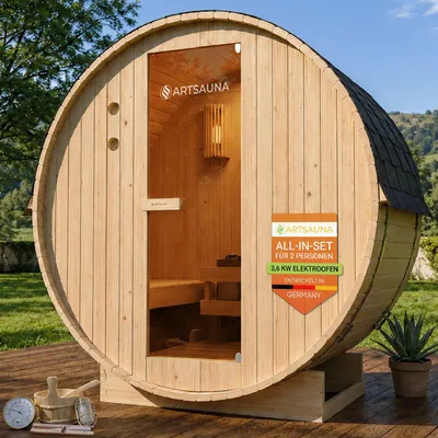 Produktbild von Artsauna Outdoor Fasssauna Spitzbergen 120 für 2 Personen - 3,6 kW Ofen & Zubehör