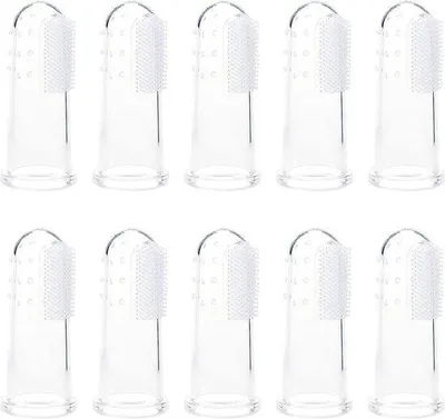 Produktbild von 10 Stück weisser Hundezahnbürste mit weichen Borsten, für Lebensmittel geeignet, weicher Silikon Katzenzahnbürste, waschbar und bequem für Hunde.