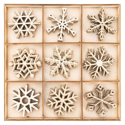 Holz-Streudekoration Eiskristalle, 63 Teile, 9 Designs, Ø 3,6 cm