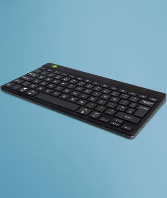 Zdjęcie produktu dla R-Go Tools Ergonomiczna R-Go Compact Break klawiatura, Bluetooth, z oprogramowaniem do robienia przerw, QWERTY (UK), czarna, Mini, Bezprzewodowy, Bluetooth, Przełącznik nożycowy, QWERTY, Czarny