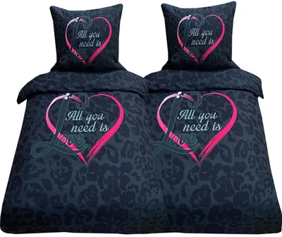 Produktbild von Bettwäsche 155x220 + 80x80 cm schwarz pink Herz Love mit Reißverschluss, 4-tlg