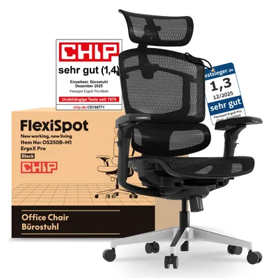 Produktbild von FLEXISPOT ErgoX Pro Ergonomischer Bürostuhl 12-stufig höhenverstellbar 7D Armlehnen 5D Lendenstütze 4D Kopfstütze 250 kg Tragkraft Netzsitz Schwarz